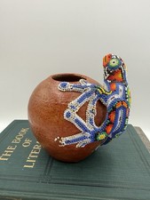 Vintage Huichol Beaded Frog Pottery Vase, Mexican Folk Art, As Is  picture
