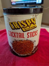 Vintage Crispy Deluxe Cocktail Sticks Pretzel Snack Tin Hygrade Advertising 14oz picture