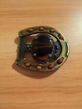 Vintage Country Western Style Brass And Brown Horse Shoe Belt Buckle with Stone  picture
