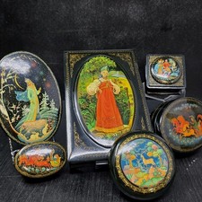 lot Vtg USSR russian Fairy Tale Laquer Trinket Boxes SIGNED Red Interior Jewelry picture