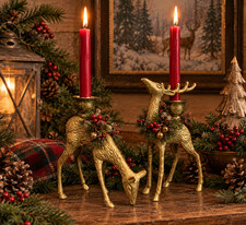 Vintage Solid Brass Deer Candlestick Holders Set Of 2 Buck & Doe Woodland Cabin picture