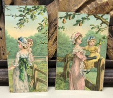 Lot of Antique Victorian Ladies w/ Child  Sitting on Fence Glued on Paper  - L5 picture