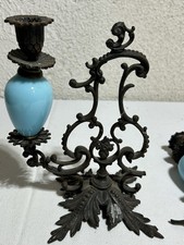 Antique Victorian cast iron blue glass candleabra broken picture