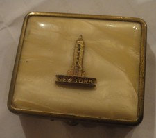 antique NEW YORK CITY souvenir RHINESTONE CELLULOID? MAKEUP COMPACT vanity  picture