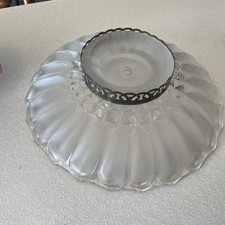1920’s Art Deco 14” Ceiling Light Shade Clear Frosted Glass Metal Band Scallop picture