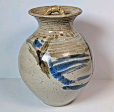 Vintage 40s Art Deco Gray Folk Art Handpainted Stoneware Pottery Vase W/ Lid 8
