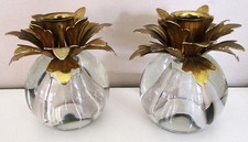 Pair of Mid-20th Century Hollywood Regency Brass & Glass Candle Holders ~ EUC picture