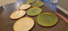 Vintage Evans Elegance Enamel Coasters Set of 7 Green White Sunburst MCM Barware picture