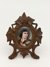 Antique Black Forest Carved Frame Painted Porcelain Young Portrait Miniature 3”H picture
