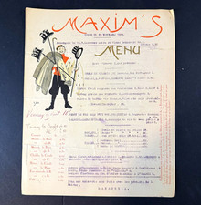 Vtg. Maxim’s Paris Dinner Menu Nov. 23, 1918 SEM Illustration French Restaurant  picture