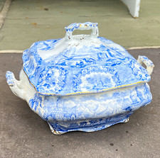 Antique Oriental W.R. Blue & White Scenic Square Porcelain serving dish w/ Lid  picture
