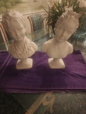 Pair of Vintage Bisque Porcelain Busts Boy & Girl after Houdon 15 in picture
