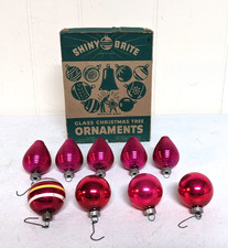 5 VTG Hot Pink Ribbed Beehive Lantern Shiny Brite Glass Christmas Ornaments + 4 picture