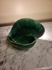 Vintage Green Glazed Ceramic Pottery Divided Serving Bowl Dish Handcrafted Art picture