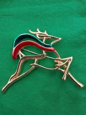 Danecraft VTG Signed Flying Reindeer Red Green Scarf Brooch Collectible 80s-90s picture