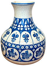 Benlloch Spain Blue Studio Pottery Painted Bird Art Vessel Vase Bowl Vtg Mcm Old picture