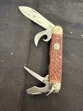 Vtg Camillus NY USA Official Boy Scout Pocket Knife Brown Jigged Multi-Tool Insc picture