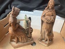 Vintage Olive Wood Carvings Woman Holding Puppy And Woman on Spinning Wheel 7” picture