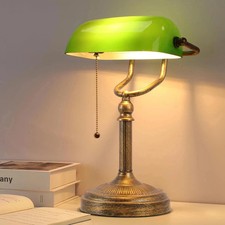 Bankers Desk Lamp, Green Glass Shade, Vintage Desk Lamp with Pull Chain Switch, picture