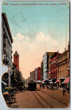 Los Angeles California 1913 Postcard Broadway South From First Streetcar damage picture