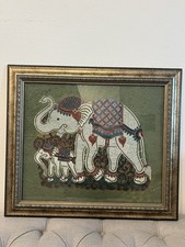 Vintage Large Thai Leather Shadow Puppet Framed Elephant Art - 25.5