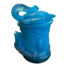 Blue Slag Glass Condiment Jar Bird Squirrel  4”   picture