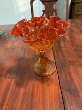 Vintage Fenton Vibrant Orange Amberina Ruffled Pedesta Glass Dish Compote picture