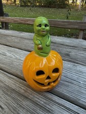 Vintage Ceramic Pumpkin Ghost Painted 5.5” Tea Light Candle picture