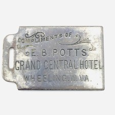 Wheeling WV Grand Central Hotel Brass Plated Two Piece Baggage Tag 1905 Era picture
