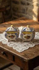 Pair Vintage Maruhon Ware Japanese Majolica Lidded Sugar Bowls Floral As Is picture