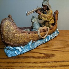 Native American Indian Figurine In Canoe With Gun Wolf Blanket Water Hand Made picture