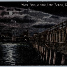 c1910s Long Beach, CA Water Front Night Moonlit Postcard Pier amusement Pike picture