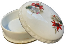 Vintage 1950s Lefton? Poinsettia ceramic Trinket Box 4” dish Christmas bowl lid picture