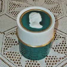 Vintage Germany Powder Jar Porcelain Cameo Aqua Gilt White Vanity Canister 1960s picture