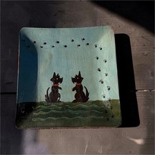 David Eldreth Redware Plate Signed Vintage PA Folk Art Pottery Scottie Dog Rare picture