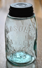 Vtg MASON'S PATENT NOV. 1858 MIDGET PINT FRUIT MASON JAR w/ LUGGED LID *CRUDE picture