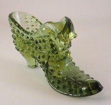 Fenton Colonial Green / Olive Hobnail Cat Head Glass Shoe Slipper Vase picture