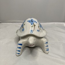 Ceramic Turtle Tortoise Covered Trinket Box Made In Portugal Handpainted Flowers picture