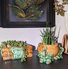 Set Of 2 VTG Majolica Green & Brown Elephant planters Good Luck Trunks Up EUC picture