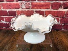 Vintage - FENTON MILK GLASS WHITE Silver Crest Compote RUFFLE BOWL - 7