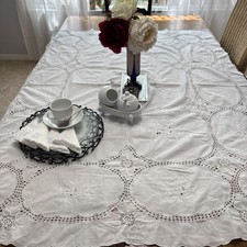 Art Deco Antique Embroidered Crochet Cut Work Tablecloth Handmade White 65 x47 picture