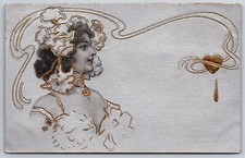 Lovely Lady Showgirl~Teardrop Heart~Gold Leaf Art Nouveau~Silver Back 1906 picture
