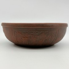 Vtg Chinese Yixing Zisha Purple Clay Scholar Bowl Children Boat Peacock Relief picture