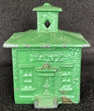 Antique Cast Iron Still Bank Building Cupola Ivy Leaf J & E Stevens Green Paint picture