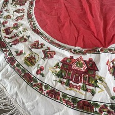 Vintage Folk Art Pennsylvania Dutch Round Table Cloth 53” Across Fringe Farm picture