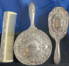 Vintage Silver-Plate 3 Piece Dresser Vanity Set Including Mirror, Brush & Comb picture
