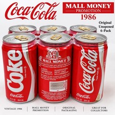 Vintage 1986 Coca-Cola Mall Money Unopened 6 Pack Full Cans Original Carrier picture