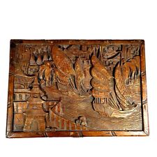 Antique Chinese Hand Carved Wooden Chest Box Nautical Scene + Boats + Temples picture