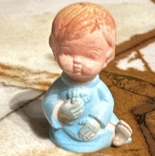 Small Baby Figurine in Blue Outfit Plastic 2 in Tall Beige Brown Details 1 Pack picture