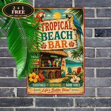 Margaritaville Tropical Beach Fun Parrot Tiki Bar Decor Metal Sign 8x12 picture